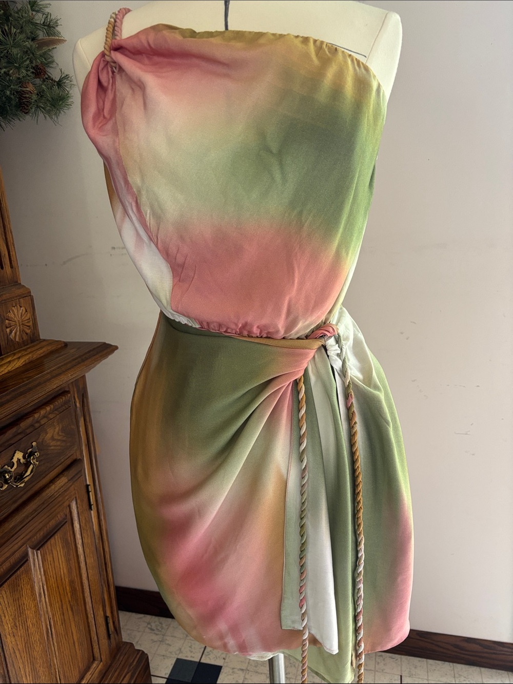 One-Shoulder Ombre Satin Dress in Green and Pink with Rope Tie